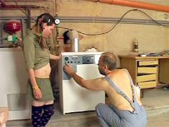 Horny Senior Bangs A Teenie Girl After He Is Done Working