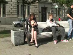 Teen Flasher Opens Coat While Sitting On A Bench