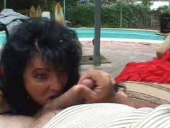 Dirty Big-Haired Granny Licking Large Meaty Cock By The Pool...