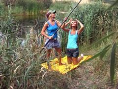 Two Fishing Teenies Toying Their Tiny Pink Pussy Outdoor