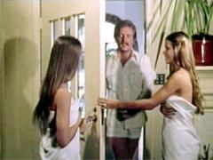 Two Hairy Seventies Girls Sharing A Big Stiff Cock At Home
