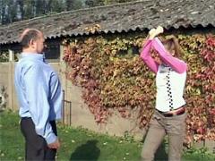 Young Blonde Teenie Girl Sucks A Grandfather In The Garden