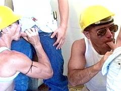 Contructions Workers In Hard Hats Pleasing Gay Police Office...